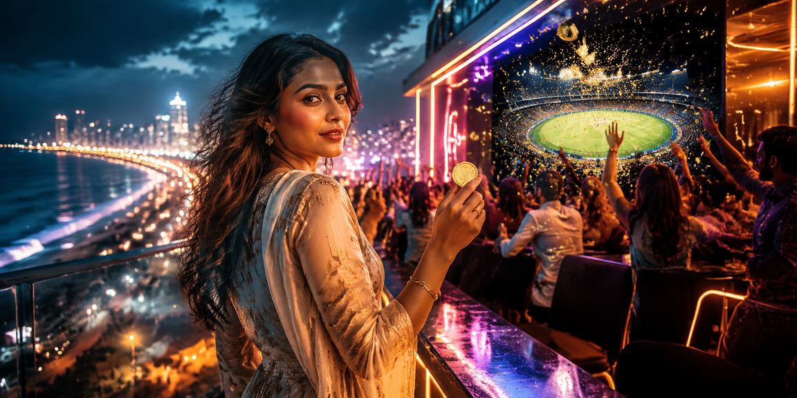 Indian woman using mobile payment app during cricket game