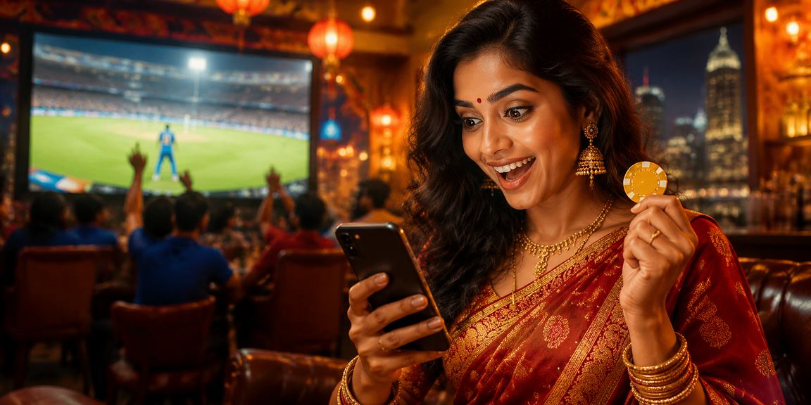 Indian woman playing slot machine online celebrating cricket and traditional attire